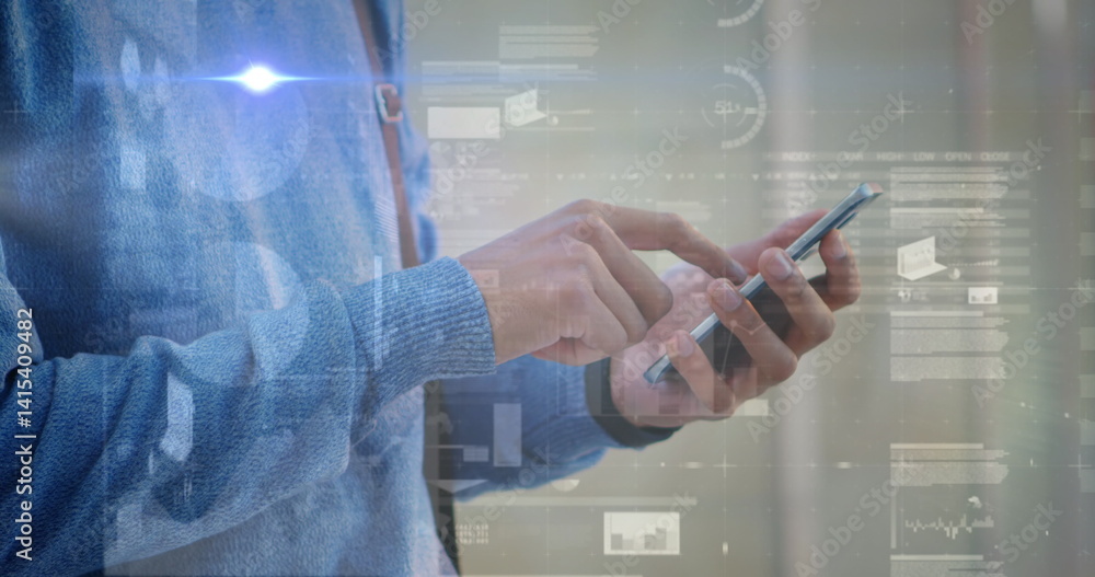 Poster image of statistics and financial data processing over caucasian businessman using smartphone