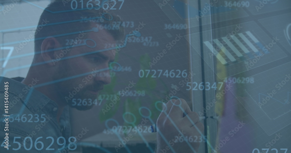 Poster image of data processing over caucasian businessman taking notes