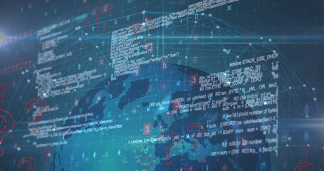 Image of question marks, data processing and malware text over globe