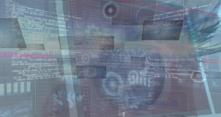 Image of data processing over woman's blue eye