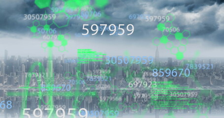 Image of shapes and numbers over cityscape and data processing