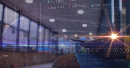 Image of financial data processing over caucasian woman using smartphone