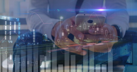 Image of financial data processing over caucasian businessman using smartphone