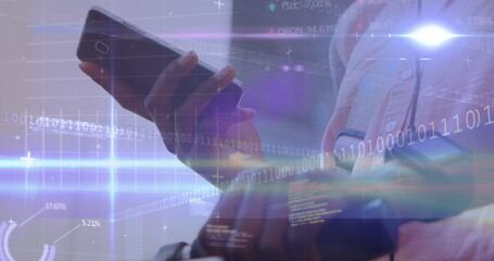 Image of financial data processing over caucasian man using smartphone