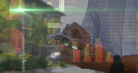 Image of statistics and financial data processing over caucasian businessman using smartphone