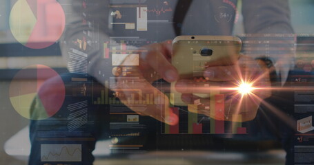 Image of statistics and financial data processing over caucasian businessman using smartphone