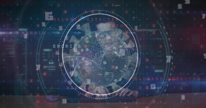 Image of scope scanning and virus cell over caucasian man using computer