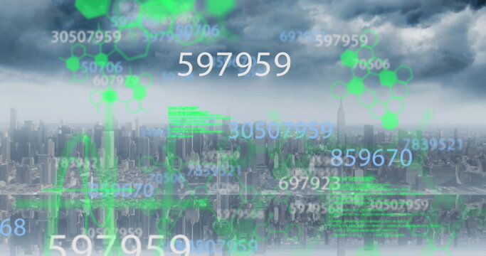 Image of shapes and numbers over cityscape and data processing - Powered by Adobe