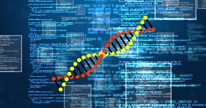Image of dna strand over data processing