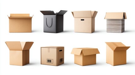 Fototapeta premium Cardboard Boxes Variety Pack - Collection of various sized and styled cardboard boxes, ideal for shipping, storage or moving. Perfect for packaging and logistics businesses