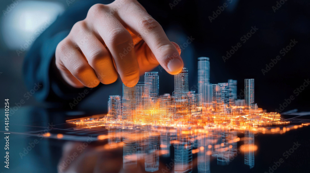 Poster hand manipulating 3d model of cityscape, showcasing modern architecture and technology, creating vib