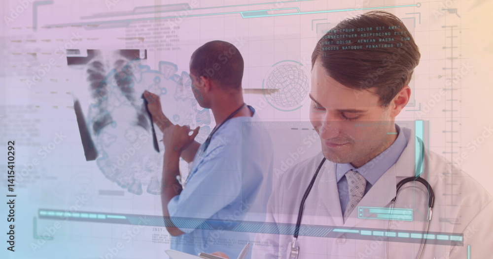 Aufkleber image of diverse doctors with xray over data processing