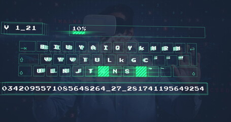Image of digital data processing on keyboard over biracial businessman wearing vr headset