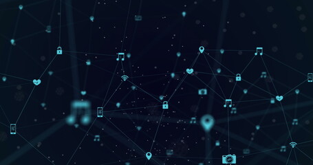 Image of network of connections with social media text and icons over black background