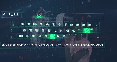 Image of digital data processing on keyboard over caucasian girl wearing vr headset