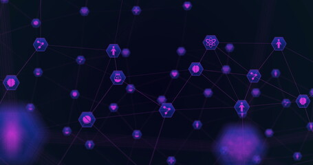 Image of network of connections with icons on black background