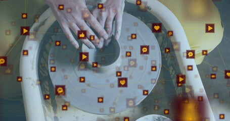 Image of network of connections with icons over caucasian woman doing pottery