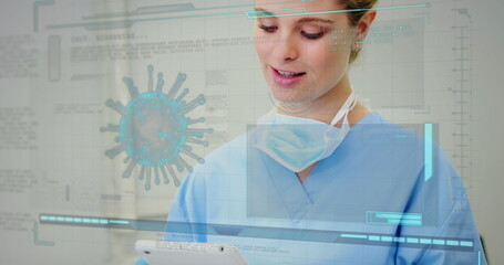 Image of caucasian female doctor with tablet over data processing