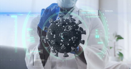 Image of african american male doctor over data processing