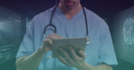 Image of caucasian male doctor with tablet over data processing