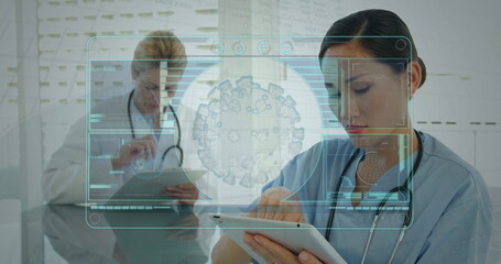 Image of diverse female doctors over data processing