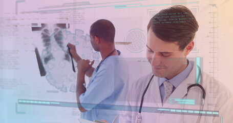 Image of diverse doctors with xray over data processing