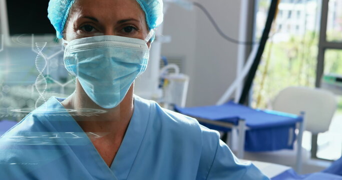 Image of caucasian female doctor with face mask over data processing