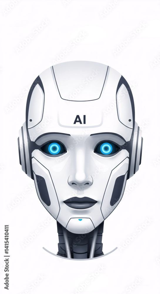 Poster artificial intelligence robot head with glowing blue eyes. futuristic humanoid face. ai technology c