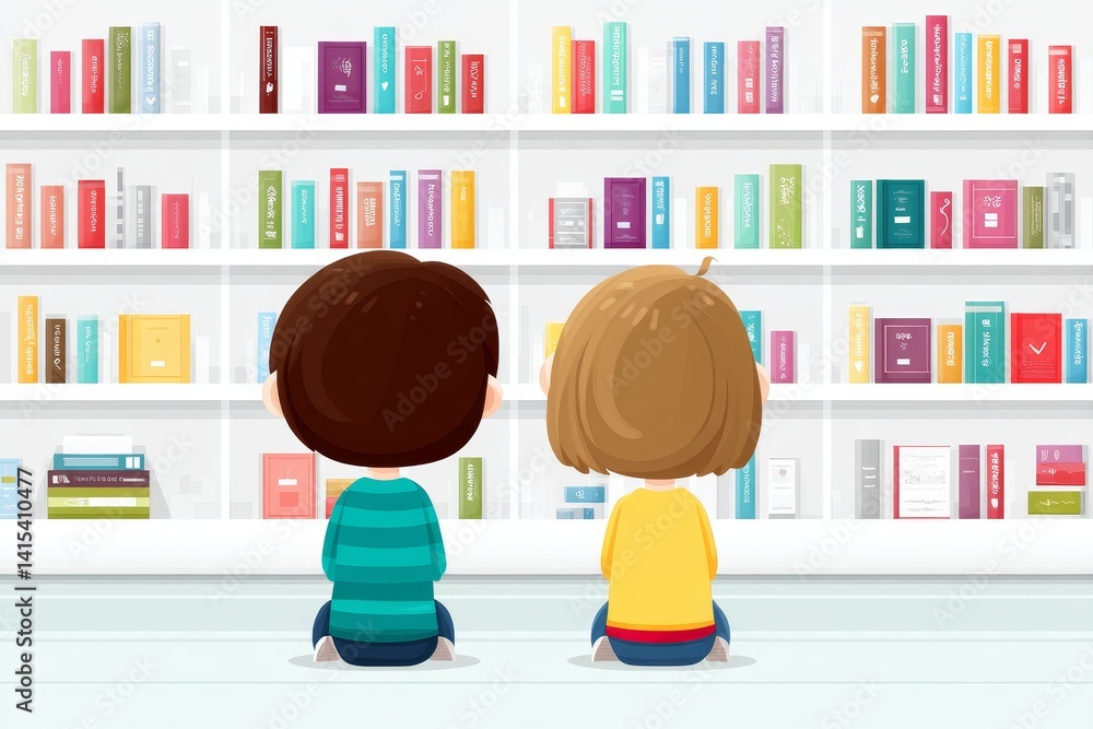 Poster children browsing bookshelves in library - two children sit facing a large bookshelf filled with col