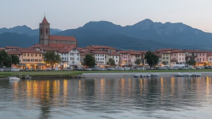 Picturesque Italian town by a lake at twilight, charming buildings reflect in the water, mountains in the background