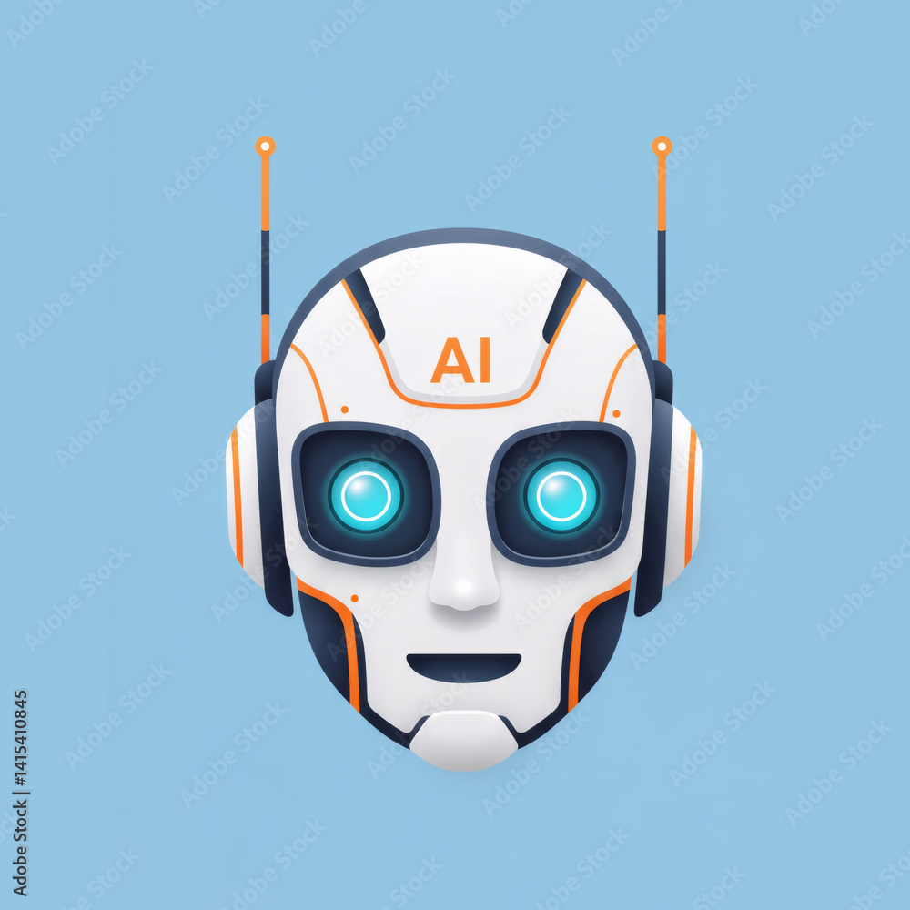 Poster futuristic ai robot head with headphones on blue background. artificial intelligence concept. digita