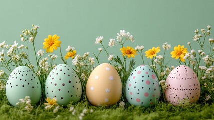 Easter eggs and flowers in a springtime display.
