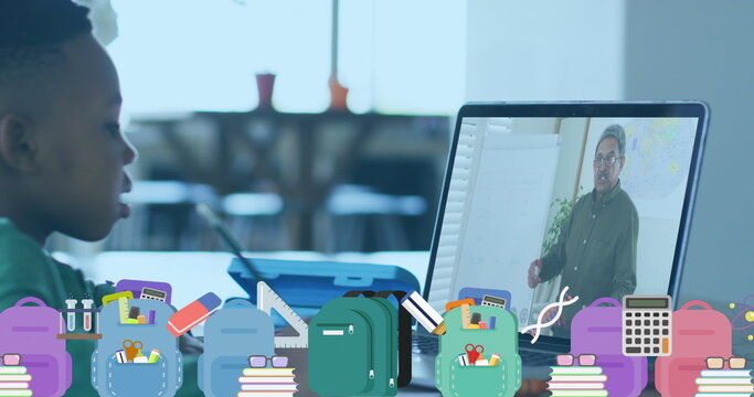 Image of school icons over african american schoolboy having image call with teacher