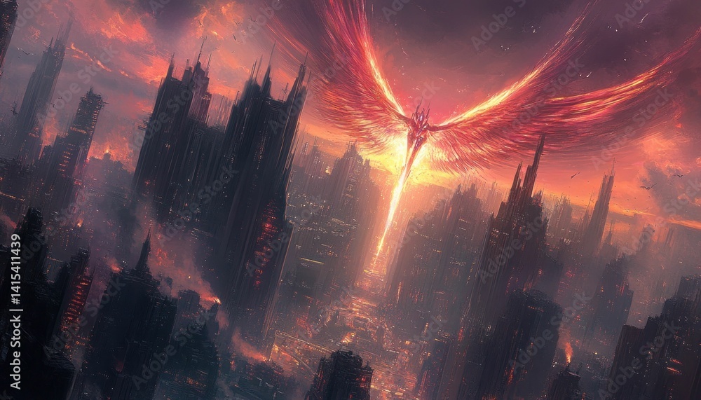 Poster futuristic metropolis illuminated by radiant celestial entity hovering above