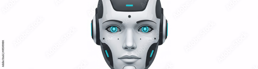 Aufkleber artificial intelligence robot face with blue eyes and metallic elements. futuristic humanoid android