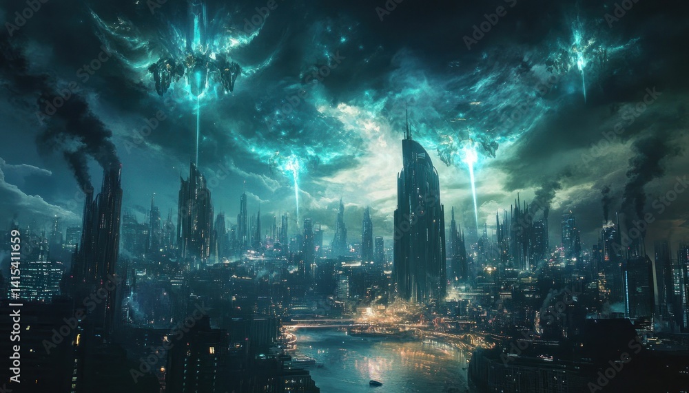 Poster futuristic metropolis under a shimmering ethereal sky, illuminated by celestial streams