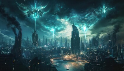 Obraz premium Futuristic metropolis under a shimmering ethereal sky, illuminated by celestial streams