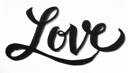 hand painted black brush lettering of the word love on white background, ideal for romantic designs, wall art, posters, or card decor