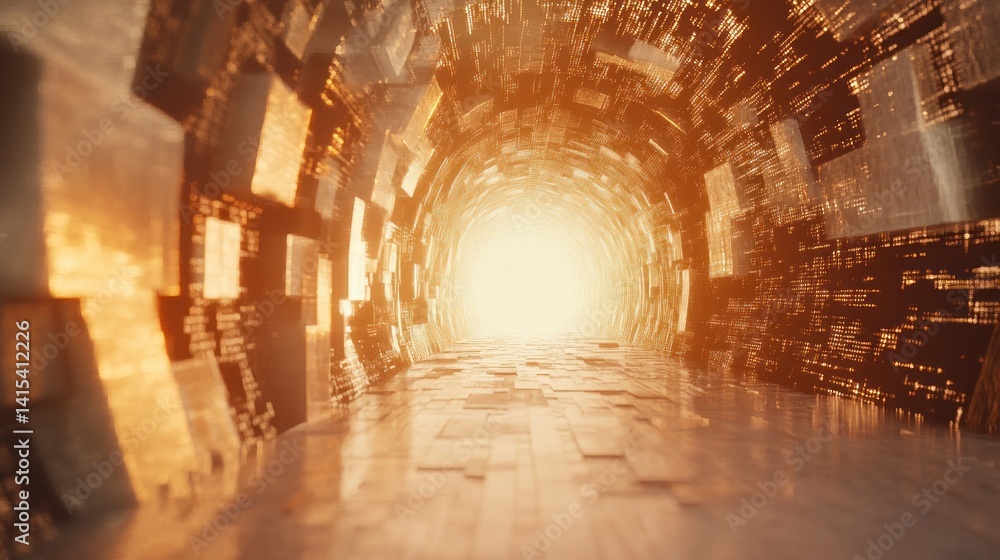 Poster glowing tunnel with abstract light patterns ahead