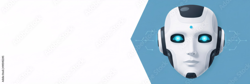 Poster futuristic robot head with glowing blue eyes on geometric background. ai assistant concept. artifici