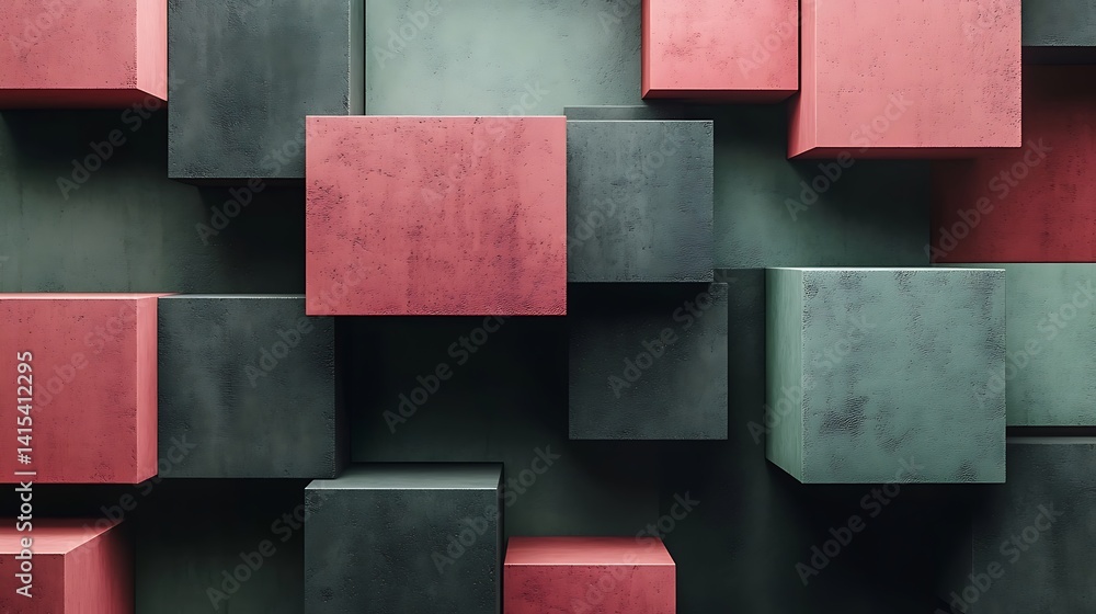 Aufkleber abstract 3d cubes in red and teal, abstract 3d cubes in red and teal with a textured surface