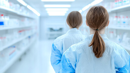 Obraz premium Two female scientists, clad in sterile lab coats and gloves, walk down a sterile, bright white hallway in a modern laboratory. They appear to be engrossed in their work.