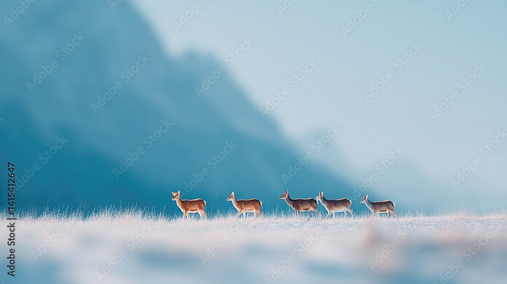 Poster minimalistic photograph featuring diverse mammals in foreground with humans in distant blurred backg