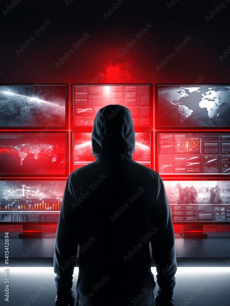 Poster cyber security analyst at work - a hooded figure sits before multiple screens displaying complex dat