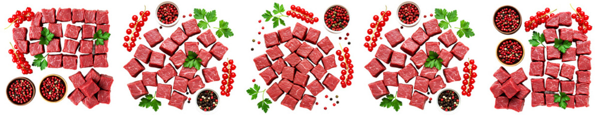 Fresh Beef Cubes With Herbs and Tomatoes On Transparent Background

