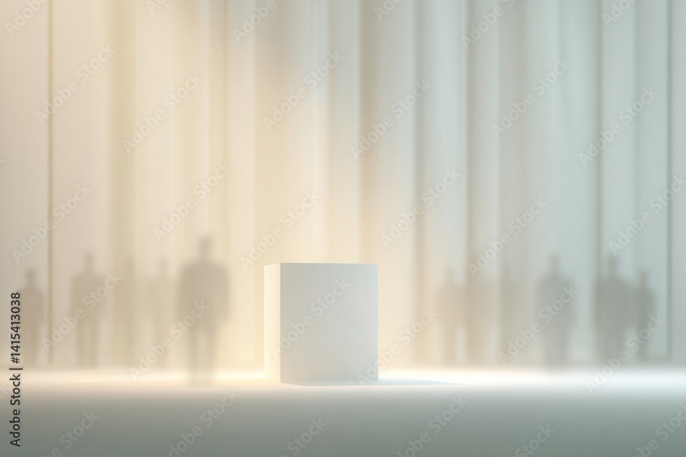 Poster minimalistic podium stands under soft curtains serene and spotlighted with ample copy space for text