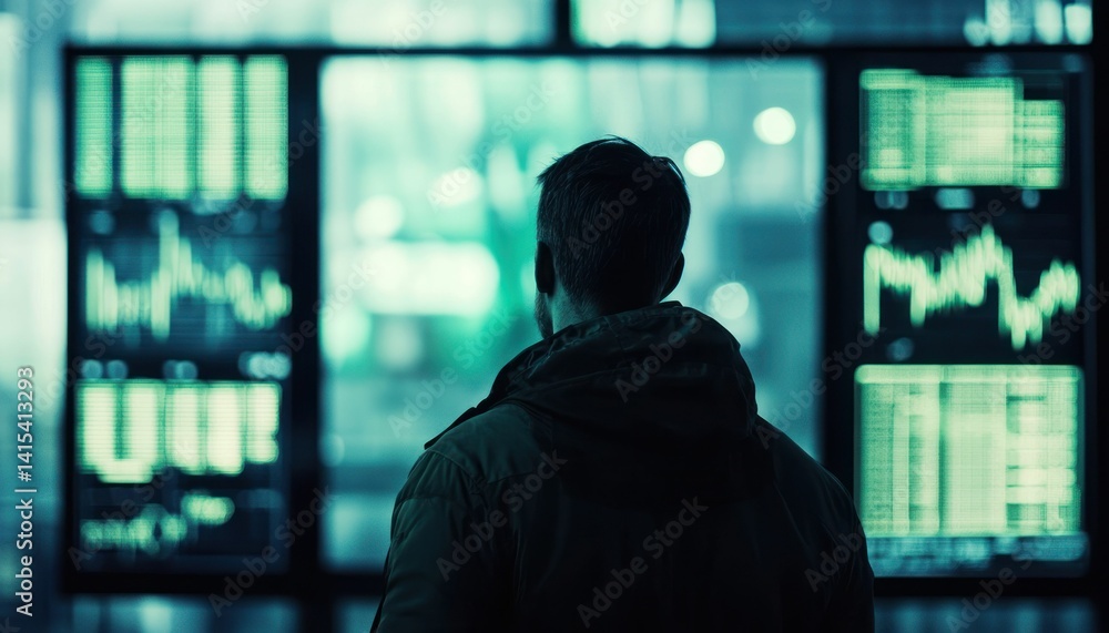 Poster contemplative analyst observing data trends on multiple screens with blue tones