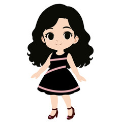 Stylish Chibi Girl in Black Dress with Pink Accents | Cute Fashion Character Illustration