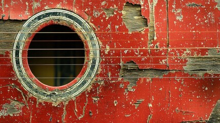 Close-up shot of a weathered acoustic guitar with red peeling paint, highlighting the sound hole.