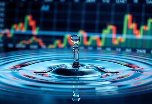 Water droplet impacting financial chart, creating ripple effect; impact investing theme, finance, water drop - Powered by Adobe